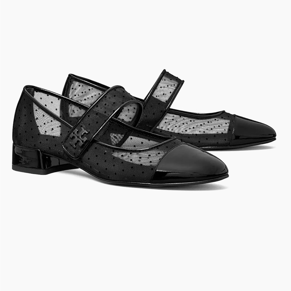 Tory Burch Cap-Toe Mary Jane Mesh & Leather Ballet Flats